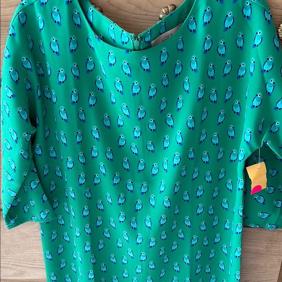 LOFT Green and Blue Bird Print Dress with 3/4 Sleeves - Picture 2 of 9